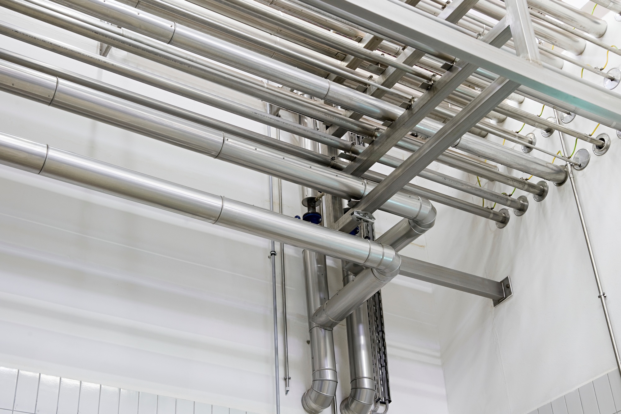Complex network of industrial pipes along a white ceiling.